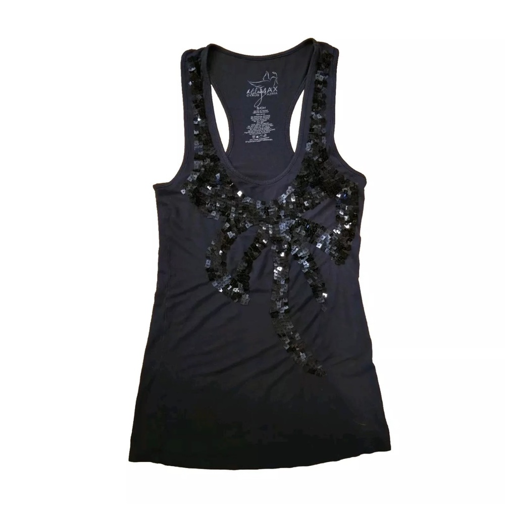 Y2K VTG Miley Max Cyrus Azria Tank top blouse black sequin bling bow small